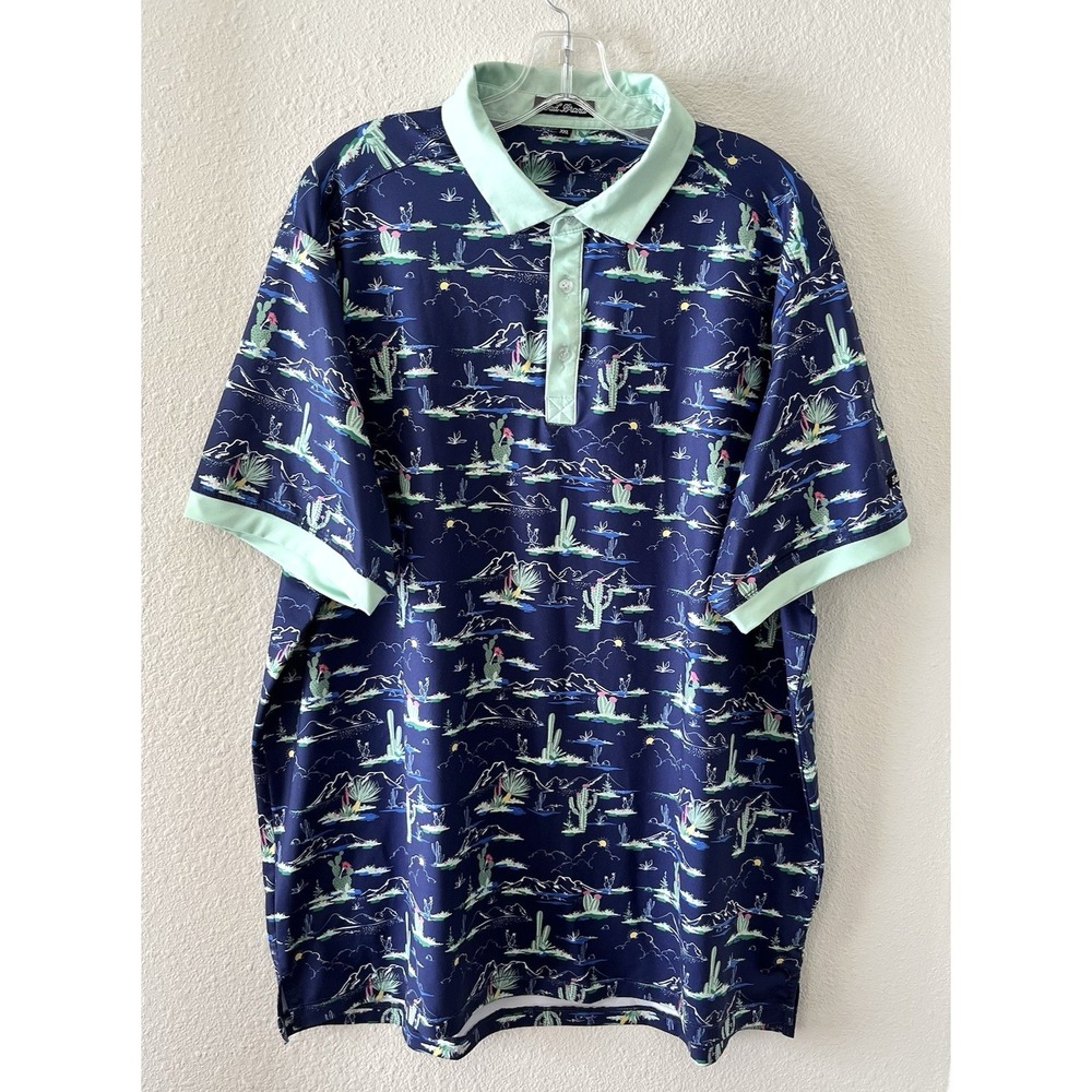 Dad Brand Men's Polo Shirt Size XXL Blue Cactus Western Stretchy Performance
